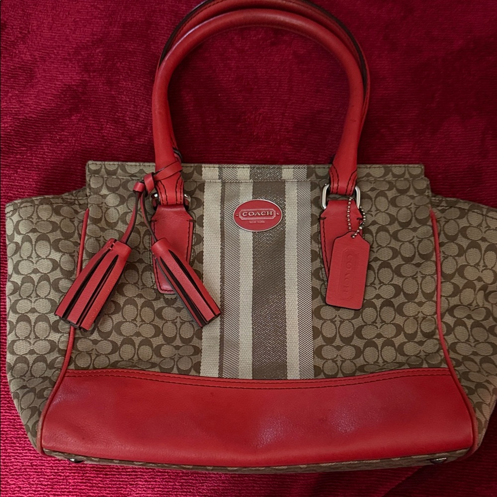 Coach Red and Tan Signature Tote